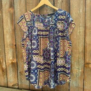 ZAC & RACHEL Women’s Blue Red Geometric Ruffle Short Sleeve Blouse Size XL